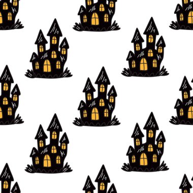 Perili evler, tasarım elementleri ile el çizimi cadılar bayramı deseni. Davetiyeler, kartlar, baskı, hediye paketi, imalat, tekstil, kumaş, duvar kağıtları için sonbahar deseni.