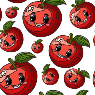 Mutlu kırmızı elmalar ve tasarım elementleriyle el çizimi, pürüzsüz desen. Davetiyeler, kartlar, baskı, hediye paketi, imalat, tekstil, kumaş, duvar kağıtları için meyve deseni