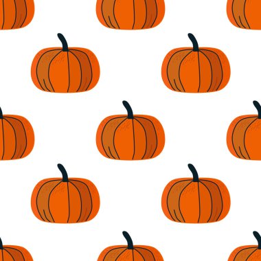 El yapımı cadılar bayramı balkabakları kusursuz desen, tasarım elementleri. Davetiyeler, kartlar, baskı, hediye paketi, imalat, tekstil, kumaş, duvar kağıtları için sonbahar deseni