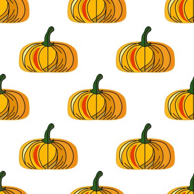 El yapımı cadılar bayramı balkabakları kusursuz desen, tasarım elementleri. Davetiyeler, kartlar, baskı, hediye paketi, imalat, tekstil, kumaş, duvar kağıtları için sonbahar deseni