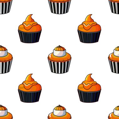 Keklerle el çizimi cadılar bayramı kusursuz desen, tasarım elementleri. Davetiyeler, kartlar, baskı, hediye paketi, imalat, tekstil, kumaş, duvar kağıtları için sonbahar pastası deseni.