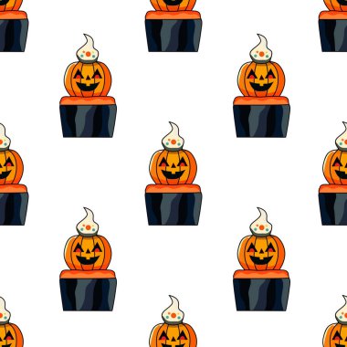 Keklerle el çizimi cadılar bayramı kusursuz desen, tasarım elementleri. Davetiyeler, kartlar, baskı, hediye paketi, imalat, tekstil, kumaş, duvar kağıtları için sonbahar pastası deseni.