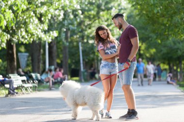Onların köpek ile kaliteli zaman parkta sahip güzel genç çift.