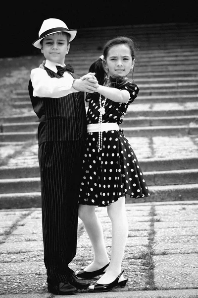 Portrait Very Young Couple Retro Garment Posing Camera More Images — Stock Photo, Image