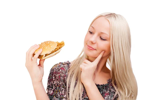 Όμορφη Νεαρή Ξανθιά Γυναίκα Ένα Burger Απομονώνονται Λευκό Φόντο — Φωτογραφία Αρχείου