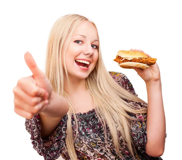 Mooie Jonge Blonde Vrouw Met Een Hamburger Haar Duim Omhoog — Stockfoto