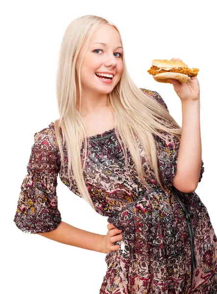 Mooie Jonge Blonde Vrouw Met Een Hamburger Geïsoleerd Tegen Witte — Stockfoto