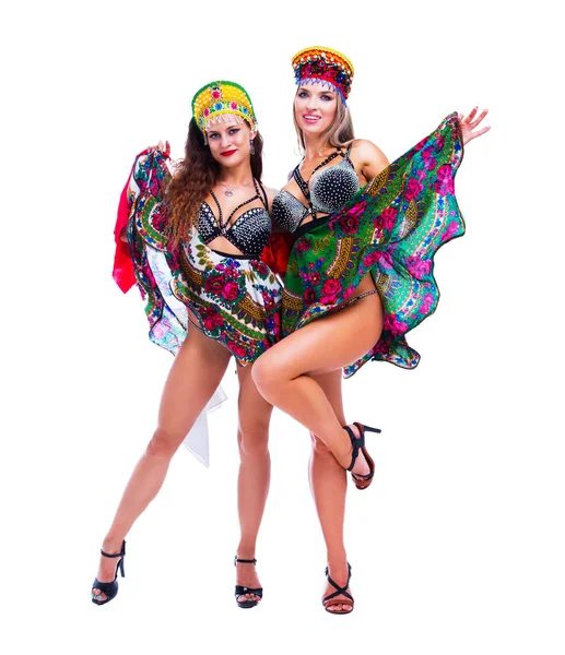 Two Beautiful Women Striptease Dancers Performing Russian Traditional Folk Dance — Stock Photo, Image