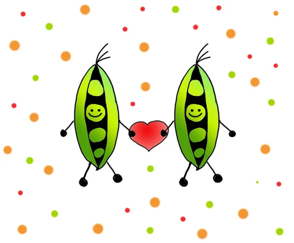 two happy smiling peas with a heart, drawing