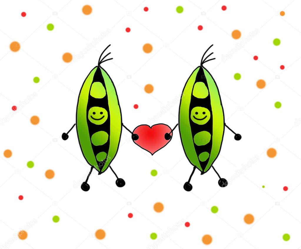 two happy smiling peas with a heart, drawing