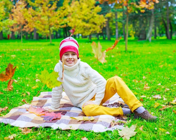 Happy Cute Boy Autumn Park Green Grass Yellow Leaves — Stock Photo, Image