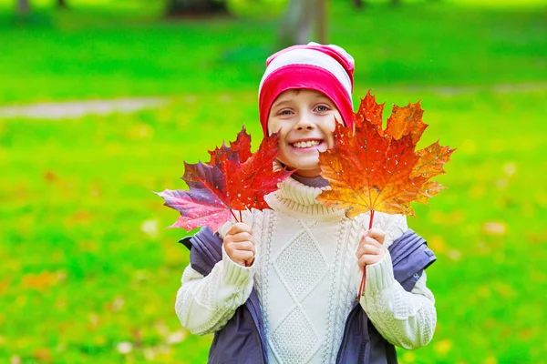 彼の手で黄色の葉で秋の公園で幸せな少年 — ストック写真