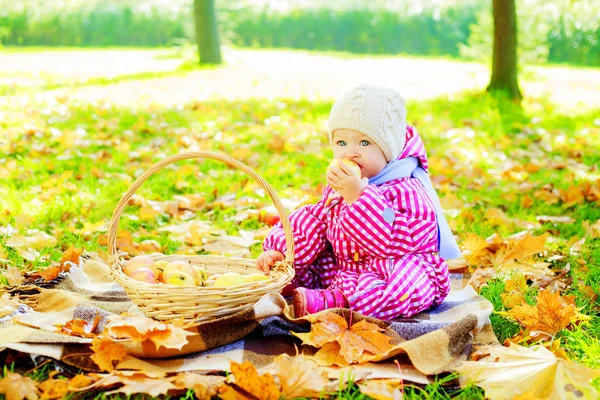 Happy Baby Girl Having Picnic Autumn Park — Stock Photo, Image