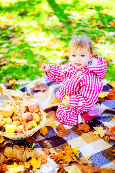 Felice Bambina Che Picnic Nel Parco Autunnale — Foto Stock