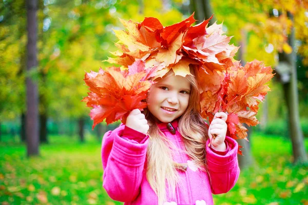 快乐的小女孩与黄色和红色秋天叶子室外在秋天公园 — 图库照片