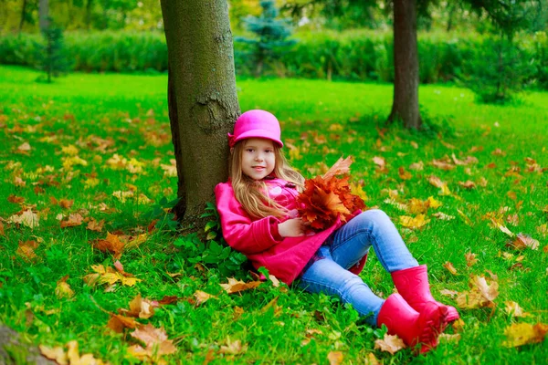 Gelukkig Klein Meisje Met Boeket Van Laat Buiten Herfst Park — Stockfoto