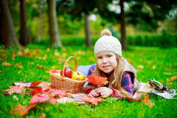 Sonbahar Park Açık Meyve Sepeti Ile Mutlu Kız — Stok fotoğraf