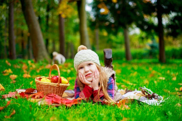 Menina Feliz Com Uma Cesta Frutas Livre Parque Outono — Fotografia de Stock