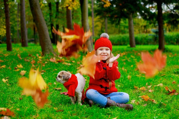 Menina Feliz Com Seu Cão Livre Parque Outono — Fotografia de Stock