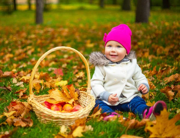 Menina Feliz Com Uma Cesta Com Maçãs Livre Parque Outono — Fotografia de Stock