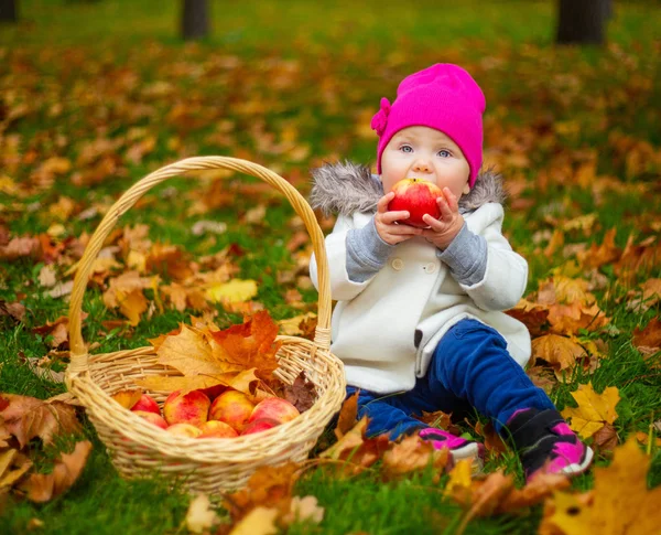 Glückliches Kleines Mädchen Mit Einem Korb Mit Äpfeln Draußen Herbstlichen — Stockfoto