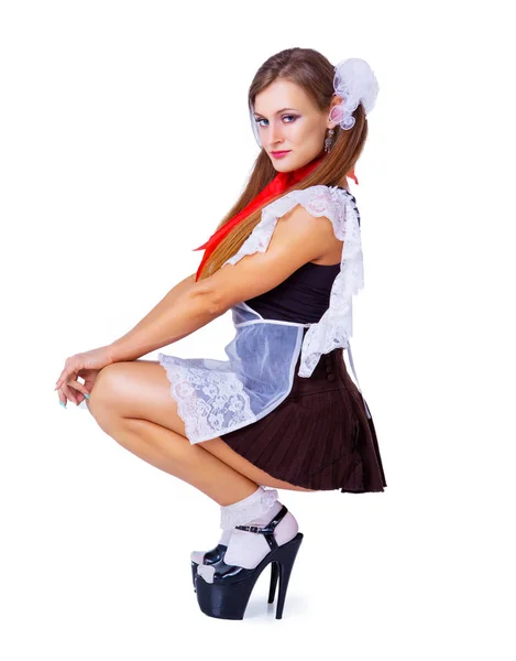 Attractive Striptease Dancer Dressed Schoolgirl Chalkboard Classroom — Stock Photo, Image