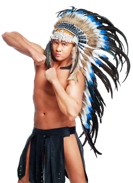 Handsome Muscular Young Man Wearing Native American Costume — Stock Photo, Image