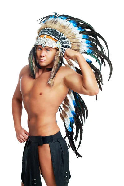 Handsome Muscular Young Man Wearing Native American Costume — Stock Photo, Image