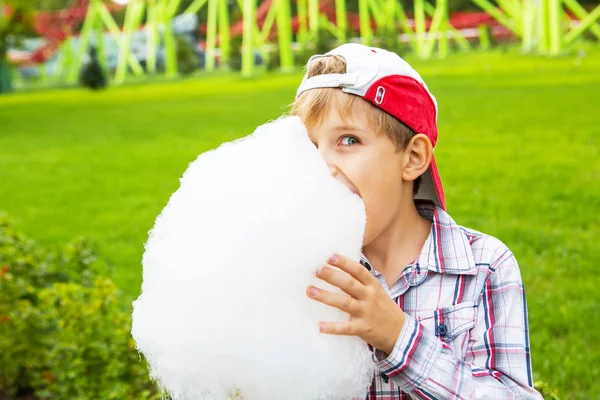 夏の遊園地で屋外に綿飴を食べて幸せな男の子 — ストック写真