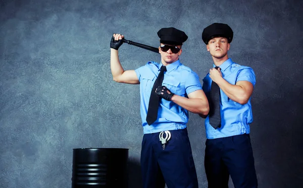 Striptease Dancers Wearing Costumes Policemen Studio — Stock Photo, Image