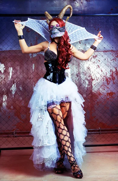 Piękna Seksowna Model Młody Sobie Kostium Halloween Skóry Rogi — Zdjęcie stockowe