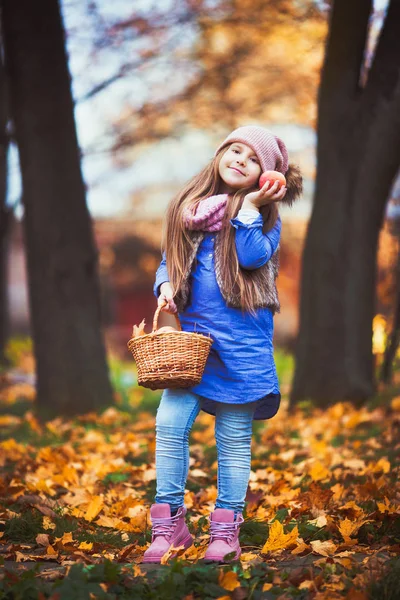 Gelukkig Mooi Meisje Met Een Picknick Het Najaar Park — Stockfoto