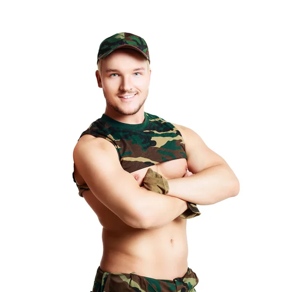 Handsome Striptease Dancer Wearing Camouflage White Studio Background — Stock Photo, Image