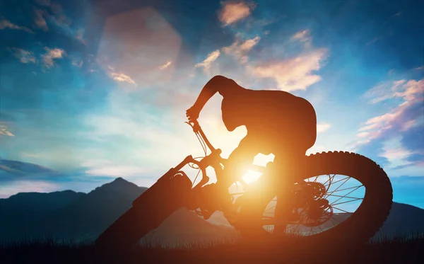 Silhouette Man Riding Bike Mountains Sunset — Stock Photo, Image