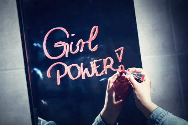 Woman Writing Girl Power Mirror Red Lipstick — Stock Photo, Image