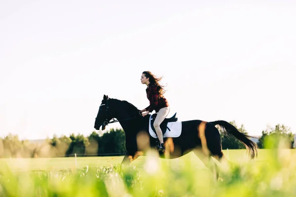 Fille Orage Travers Champ Sur Cheval — Photo