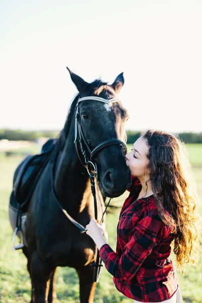 Young Girl Kissing Horses Muzzle Human Animal Bonding — Stock Photo, Image