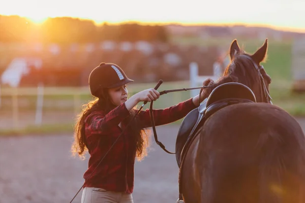 Jovem Jockette Preparando Cavalo Raça Pura Para Montar Desportos Animais — Fotografia de Stock