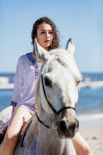 海岸の白い馬に座っている若い女の子の肖像画 — ストック写真