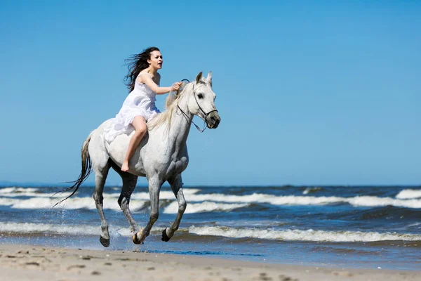 Νεαρό Κορίτσι Storming Μέσω Την Παραλία Ένα Άσπρο Άλογο — Φωτογραφία Αρχείου