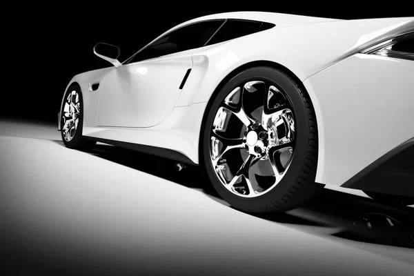 Voiture Sport Blanche Moderne Sous Les Projecteurs Sur Fond Noir — Photo