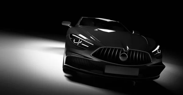 黒の背景にスポット ライトでモダンな黒のスポーツカー — ストック写真