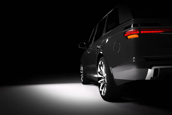 Achteraanzicht Van Moderne Zwarte Suv Auto Spotlight Zwarte Achtergrond — Stockfoto