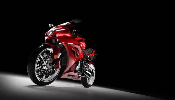 Fekete Háttér Piros Sport Motorkerékpár Reflektorfényben Elölnézete — Stock Fotó