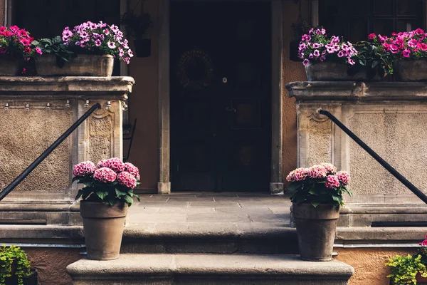 Entrada Para Antigo Edifício Arrendamento Com Vasos Flores Concreto Nas — Fotografia de Stock