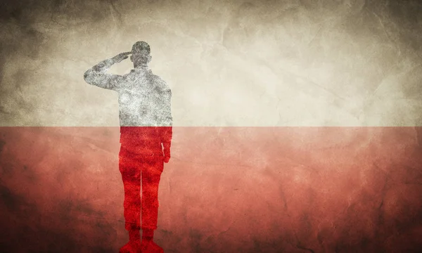 Bandeira Grunge Polonesa Com Silhueta Soldado Vintage Estilo Retro — Fotografia de Stock