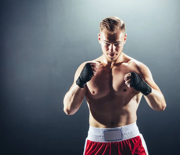 Boxer Standing Fighting Position Dark Background — Stock Photo, Image