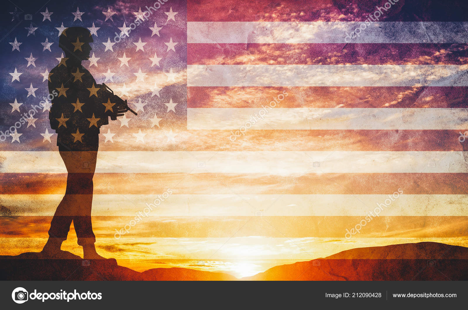 Armed Soldier Rifle Standing Looking Horizon Usa Flag Silhouette Sunset