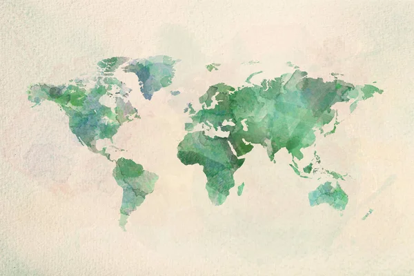 紙の質感のグリーン色の水彩ヴィンテージ世界地図 地球の土地のカラフルな芸術的なイメージ — ストック写真