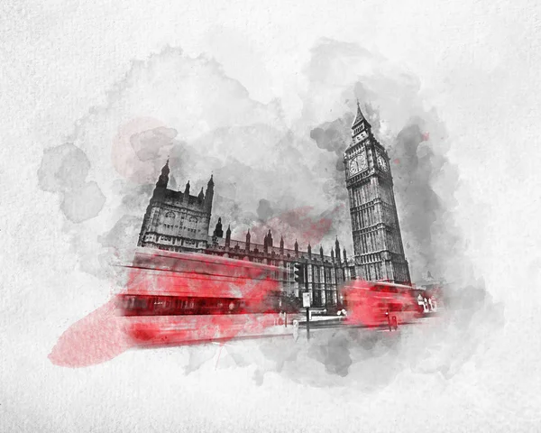 Pintura Aquarela Londres Reino Unido Ônibus Vermelhos Movimento Big Ben — Fotografia de Stock